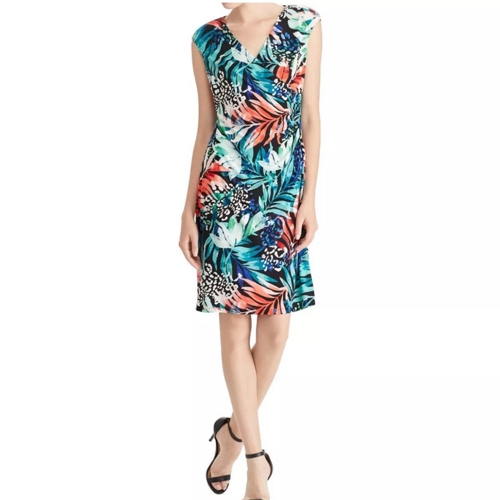 American Living Tropical Leaf Print Sheath Dress in Teal, Coral, Navy